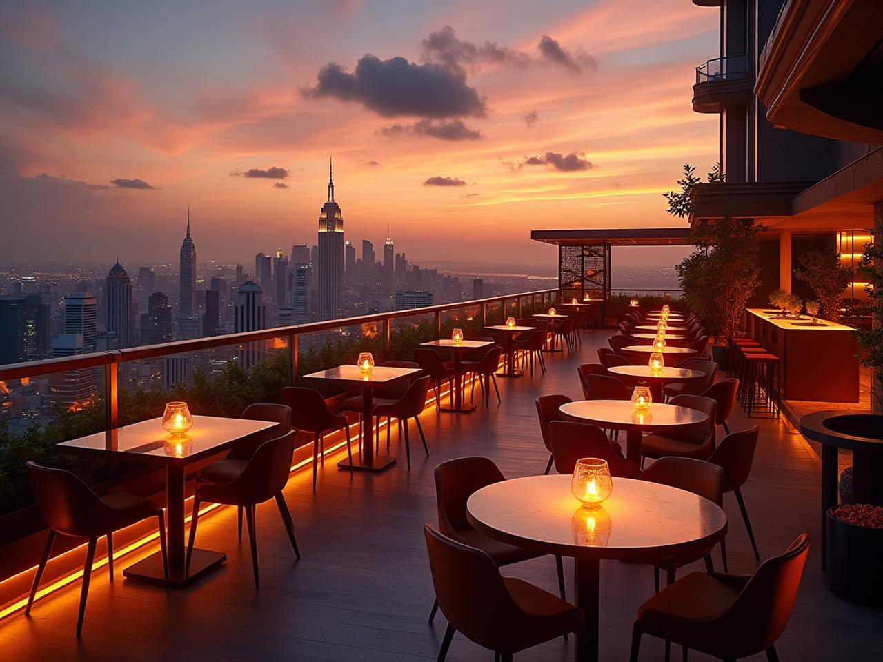 Rooftop dining venue at sunset